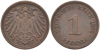 Германия 1 пфенниг 1892 A KM 10, J. 10 медь    4594-1233