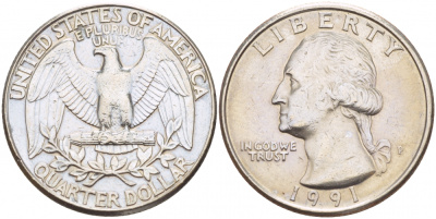 США 25 ЦЕНТОВ = КВОТЕР 1991 P ВАШИНГТОН KM А164а медь плакированная медно-никелем 4546-527