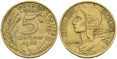 Франция 5 сантимов 1966 KM 933 алюминиевая бронза 4596-648