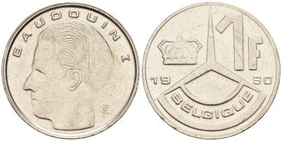 Бельгия 1 франк 1990 BELGIQUE KM 170 железо плакированное никелем    4594-564