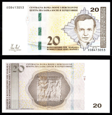 Босния и Герцеговина 20 конвертируемых марок 2012 Антун Бранко Шимич, фрагмент Стечака Радимля Pick 82 a бумага UNC (пресс) 7523-50-4-2