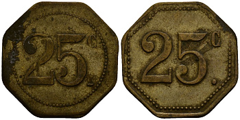 Франция 25 сантимов XIX-XX век ресторанный жетон латунь 4166-521