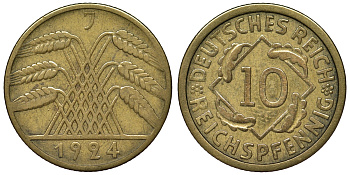 Германия 10 рейхспфеннигов 1924 J KM 40, J. 317, Weege 9 алюминиевая бронза 4121-911