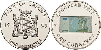 Замбия 1000 квача 1999 серия европейский союз - одна валюта, 5 евро аверс, серебрение KM 120 медь никель цинк 1098-3-31