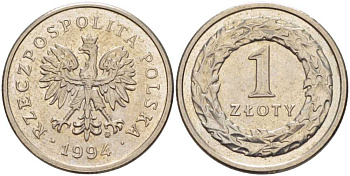 Польша 1 злотый 1994 MW KM 282 медно-никель 51-1857