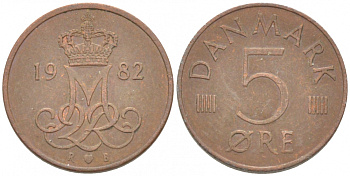 ДАНИЯ 5 ЭРЕ 1982 R; B, МАРГРЕТЕ II (1972-) KM 859.3 железо плакированное медью 3309-129