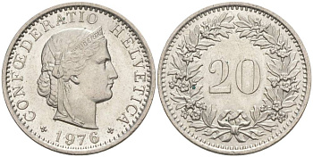 Швейцария 20 раппенов 1976 KM 29a медно-никель 55-953