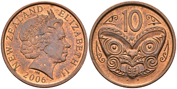 Новая Зеландия 10 центов 2006 Елизавета II (1952-2022), маска маори KM 117а сталь плакированная медью 106-1031