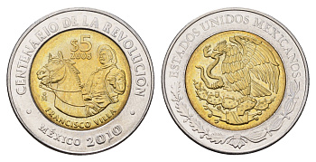 Мексика 5 песо 2008 Столетие революции - Франсиско Вилья KM 899 биметалл UNC 216-1151