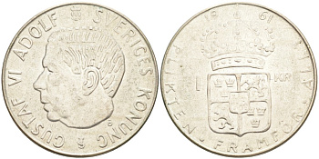 Швеция 1 крона 1961 U, Густав VI Адольф (1950-1973) KM 826 серебро 3851-1245