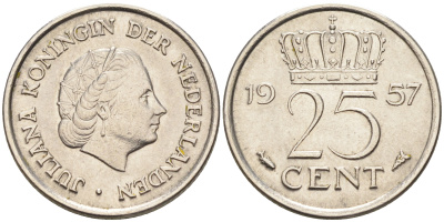 Нидерланды 25 центов 1957 Юлиана (1949-1980) KM 183 никель    4174-645