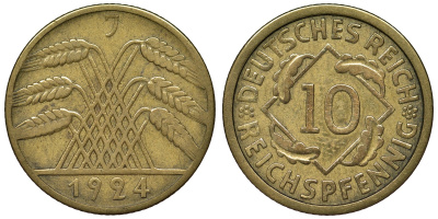 Германия 10 рейхспфеннигов 1924 J KM 40, J. 317, Weege 9 алюминиевая бронза 4121-911