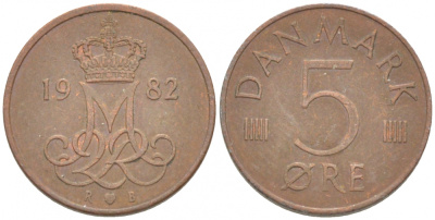 ДАНИЯ 5 ЭРЕ 1982 R; B, МАРГРЕТЕ II (1972-) KM 859.3 железо плакированное медью 3309-129