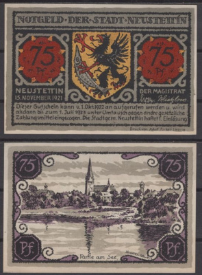 Нойштеттин 75 пфеннигов 1921 Grabowski 968.1-6/6 бумага UNC (пресс) 8592-39-1-1