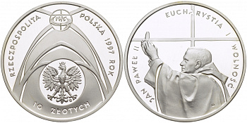Польша 10 злотых 1997 MW, 46-ой Евхаристический конгресс KM 322 серебро PROOF 1084-7-41