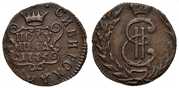 Россия, сибирская монета полушка 1776 КМ (Сузунский монетный двор), Екатерина II (1762-1796), вес 1,55 г KM 1, Биткин 1226 (R1) медь 00-813-79