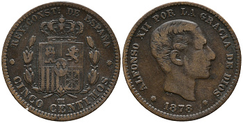 ИСПАНИЯ 5 СЕНТИМО 1878 АЛЬФОНСО XII KM 674 бронза 34-712