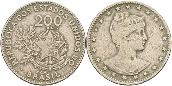 БРАЗИЛИЯ 200 РЕЙС 1901 ГОЛОВА СВОБОДЫ ВПРАВО, РИМСКАЯ НУМЕРАЦИЯ ДАТЫ KM 504 медно-никель 98-731