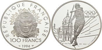 Франция 100 франков 1994 100 лет Олимпийскому движению (1896-1996), копьеметатель KM 1048 серебро PROOF 1091-9-41