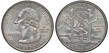 США 25 центов = квотер 2001 Р, серия штаты США, Вермонт KM 321 медь плакированная медно-никелем 4538-331