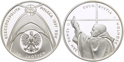 Польша 10 злотых 1997 MW, 46-ой Евхаристический конгресс KM 322 серебро PROOF 1084-7-41