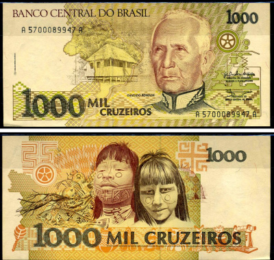Бразилия 1000 крузейро ND (1990) серия A 5700, Кандиду Рондон Pick 231 a бумага 7148-20-1-1