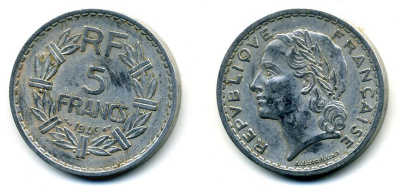 ФРАНЦИЯ 5 ФРАНКОВ 1946 KM 888b.1 алюминий 36-324