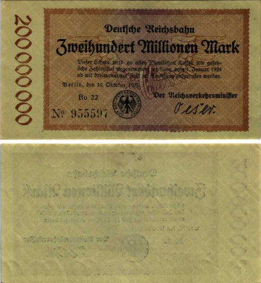 ГЕРМАНИЯ 200000000 МАРОК 1923 10 ОКТЯБРЯ 1923, ЖЕЛЕЗНЫЕ ДОРОГИ ПОСЛЕ ПЕРВОЙ МИРОВОЙ ВОЙНЫ, ЖЕЛЕЗНОДОРОЖНЫЕ ДЕНЬГИ, МИНИСТЕРСТВО ТРАНСПОРТА Pick S1018 бумага 7523-25-2-2