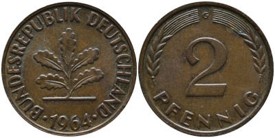 ФРГ 2 пфеннига 1964 G KM 106, J.381 бронза 99-135