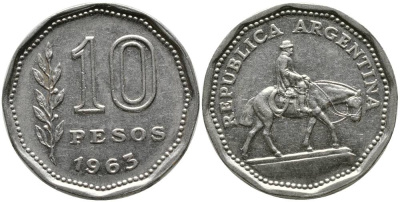 Аргентина 10 песо 1963 Гаучо KM 60 никелированная сталь 4525-942