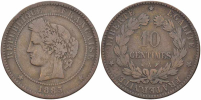ФРАНЦИЯ 10 САНТИМОВ 1885 A, ТРЕТЬЯ РЕСПУБЛИКА (1871-1940) KM 815.1, LA FRANC 135.29 бронза 97-933