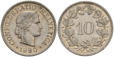Швейцария 10 раппенов 1980 KM 27 медно-никель 4152-1068