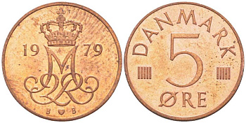 ДАНИЯ 5 ЭРЕ 1979 B; B, МАРГРЕТЕ II (1972-) KM 859.2 железо плакированное медью 4392-566