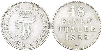 Мекленбург-Шверин 1/48 талера 1855 А, Фридрих Франц II (1842-1883) AKS 66, Jaeger 117, KM 311 (С107а) серебро 206-312