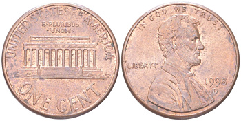 США 1 цент 1998 D, Линкольн KM 201b цинк плакированный медью aUNC 4613-1248