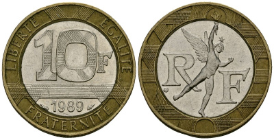 Франция 10 франков 1989 тип гений Бастилии KM 964.1, Le Franc 375.3 биметалл 4135-537