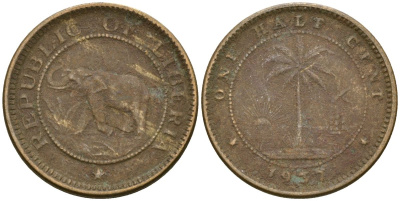 Либерия 1/2 цента 1937 KM 10 латунь 4174-423