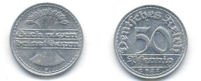 ГЕРМАНИЯ 50 ПФЕННИГОВ 1921 D KM 27, J. 301 алюминий 58-431