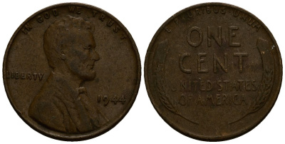 США 1 цент 1944 Линкольн KM A132 медь цинк 4164-835