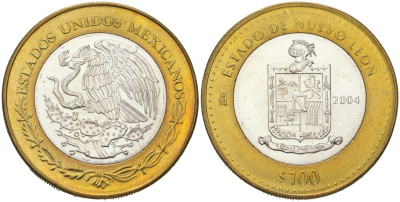 Мексика 100 песо 2004 180 лет Федерации - Нуэво-Леон KM 742 биметалл, серебро BU 00-1067-9-31