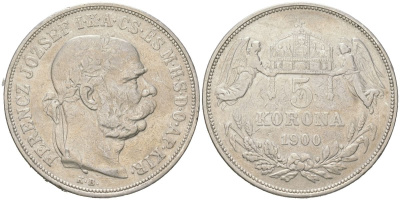Венгрия 5 крон 1900 KB, Франц Иосиф I (1848-1916) KM 488 серебро 00-1066-10-34