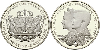 Нидерланды медаль 2007 свадьба Александра и принцессы Максимы, 5 ая годовщина (2002-2007)  серебро  PROOF  11-183-42