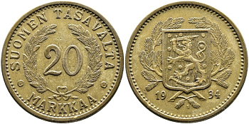 Финляндия 20 марок 1934 S KM 32 алюминиевая бронза 4389-115