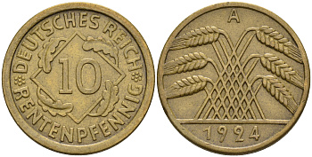 Германия 10 рентенпфеннигов 1924 А KM 33 J. 309 алюминиевая бронза    4153-255