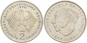 ФРГ 2 марки 1970 F, Теодор Хойс KM A127, J. 407 медно-никель плакированный никелем 3718-1051