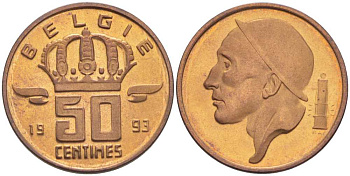БЕЛЬГИЯ 50 САНТИМОВ 1993 BELGIE, БОДУЭН I (1951-1993) KM 149.1 бронза 214-655