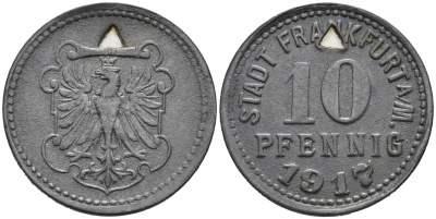 ФРАНКФУРТ-НА-МАЙНЕ 10 ПФЕННИГОВ 1917 НОТГЕЛЬД, ТРЕЦГОЛЬНАЯ ПРОСЕЧКА цинк 75-1413