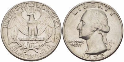 США 25 центов (квотер) 1972 D, Вашингтон KM 164а медь плакированная медно-никелем 4364-2311