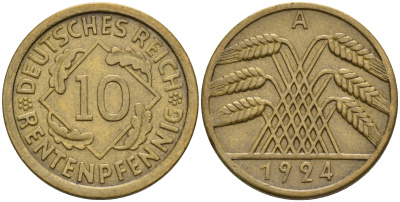 Германия 10 рентенпфеннигов 1924 А KM 33 J. 309 алюминиевая бронза    4153-255