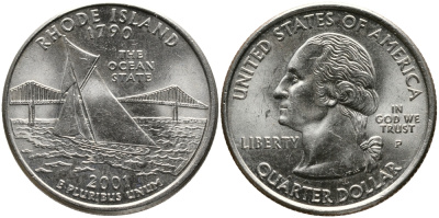 США 25 центов = квотер 2001 Р, серия штаты США, Род-Айленд KM 320 медь плакированная медно-никелем 24-1211
